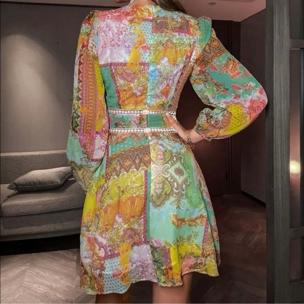 Boho V-Neck Long Sleeve Patchwork Paisley Mini Dress, Size L - Picture 4 of 6